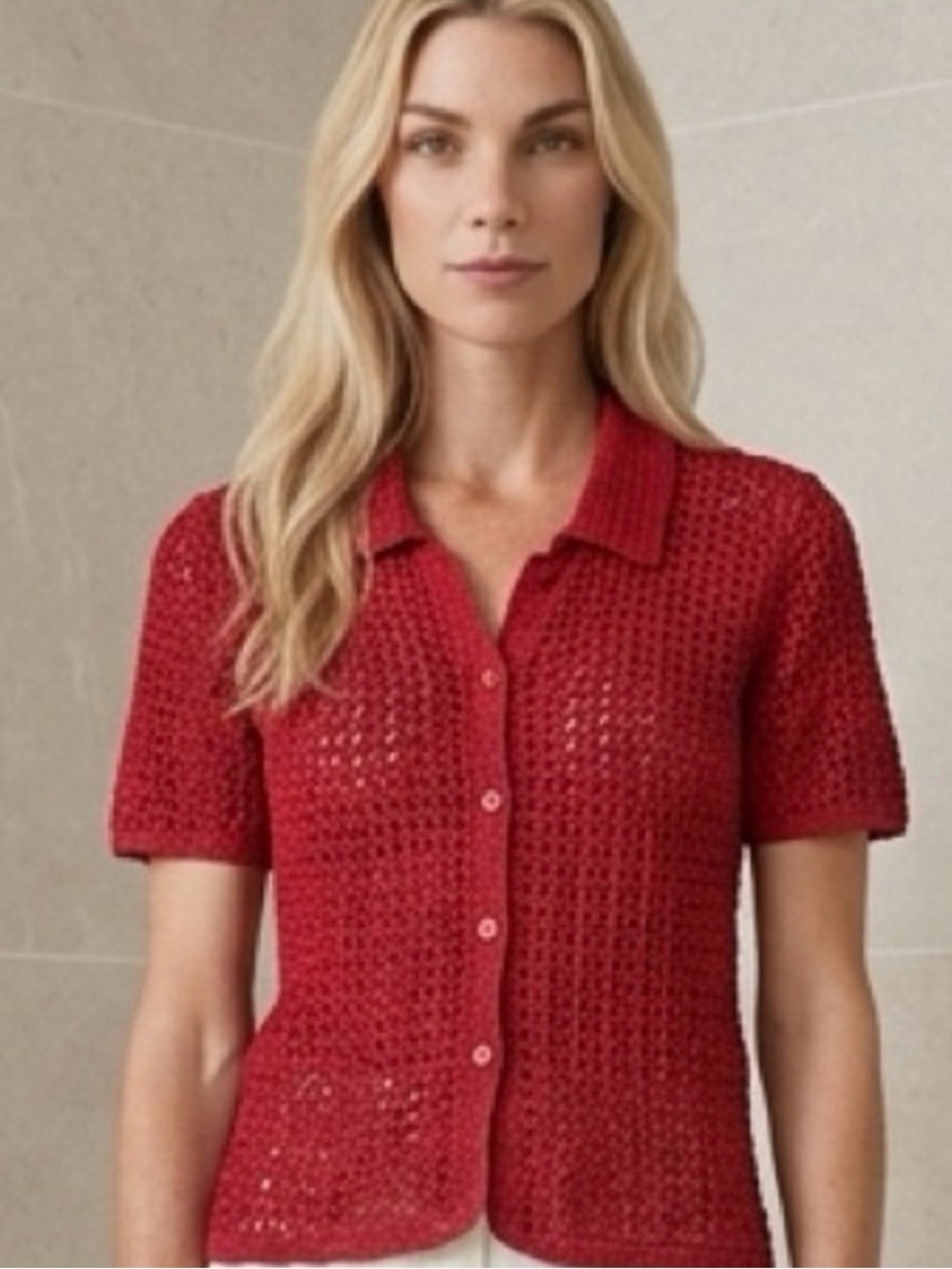 Crochet Cottagecore Y2K BoHo Pink Open Knit Button Down Shirt Size S